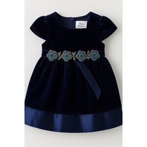 Rare Editions Baby Girl Navy Blue Velvet Dress Floral Waist 12M Holiday